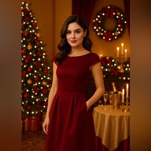 Alfred Sung Burgundy Red Cap Sleeve Satin Pleated Cocktail Dress